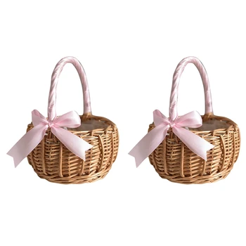 2 Плетени кошници за цветя с дръжка и розова панделка, сватбени кошници за момичета-цветочниц, за декорация на дома и градината.