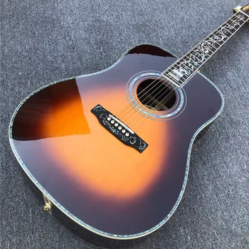 41 Инча Акустична китара D-тип Sunburst с твърда Смърч върхът, инкрустиран във формата на цвете Морски охлюв, подплата от черно дърво