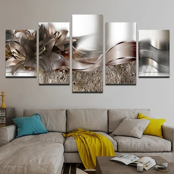 5шт Бронзови Абстрактни Лилии и лента, печат върху платно, HD Стенни картини, живопис водоустойчиви мастило за декориране на дневната