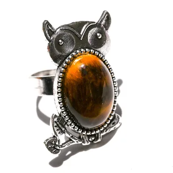 FYSL Посеребренный камък във формата на бухал с тигровым око, пръстен на палеца с възможност за промяна на размера за подарък за парти, украси в етнически стил.