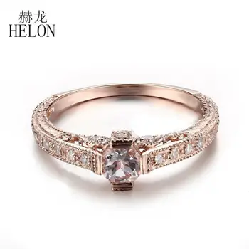 HELON Solid 14К Розово злато, кръгли диаманти от естествен морганита 5,5 мм, Реколта Модни бижута, Годежен пръстен със скъпоценния камък
