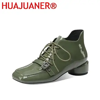 HUAJUANER/ Модни дамски есенни и зимни обувки 2023 г., ботильоны с квадратни пръсти, украсени с пайети, Британски Черно-зелен челночный кораб