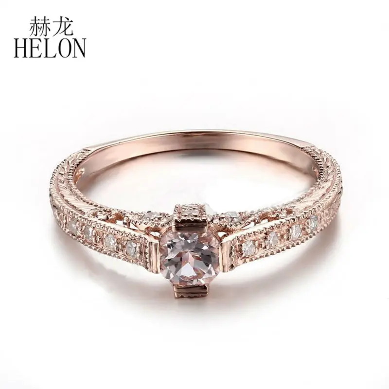 HELON Solid 14К Розово злато, кръгли диаманти от естествен морганита 5,5 мм, Реколта Модни бижута, Годежен пръстен със скъпоценния камък
