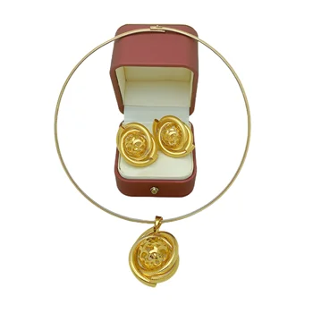 Kingdom Ma Fashion Dubai Златен Медальон с цвете, Жена комплект бижута, Африканските Мед колие, Обеци, Златен комплект бижута от Дубай