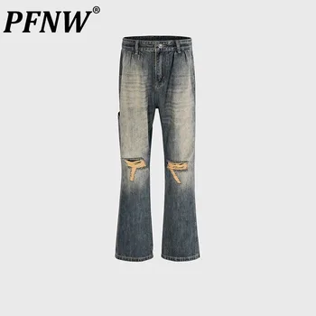 PFNW Мъжки дънкови панталони на Главната улица в ретро стил с дупки в стил пънк, широки панталони, Унисекс, шик модни свободни дънки, нишевый дизайн 12Z4781