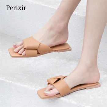 Perixir/ модерни маркови джапанки от естествена кожа, дамски обувки с високо качество на равна подметка, удобни летни дамски чехли на женския ток 2020 г.