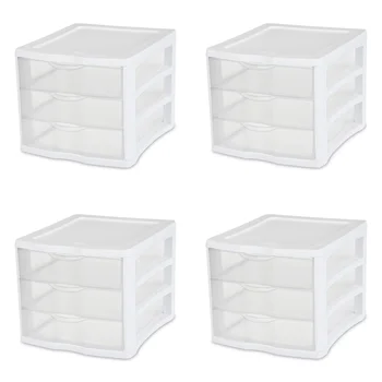 Sterilite 3 Повдигащи кутия Пластмаса, Бяла, Комплект от 4 части на мебели за баня шкаф за съхранение в банята