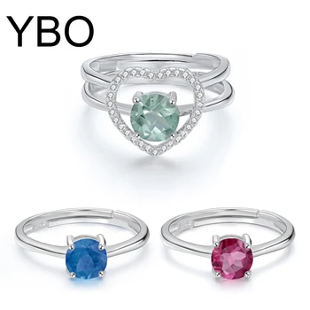YBO 2 елемента Модни пръстени от сребро 925 проба, през цялата индиколит, рубеллит, Зелен Турмалин, годежен пръстен във формата на сърце за жени
