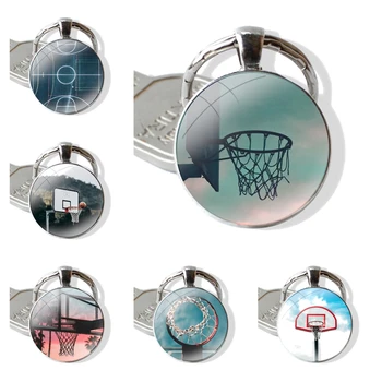 Баскетболно игрище Модерен дизайн Cartoony творчески ключодържател със стъклен кабошоном, Автомобилни ръчно изработени ключодържатели