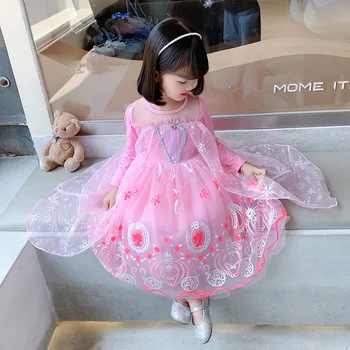 Бебешка рокля с дълги ръкави, рокля на принцеса любов лед и сняг, пролетта и есента розова рокля на Елза за момичета за рожден ден