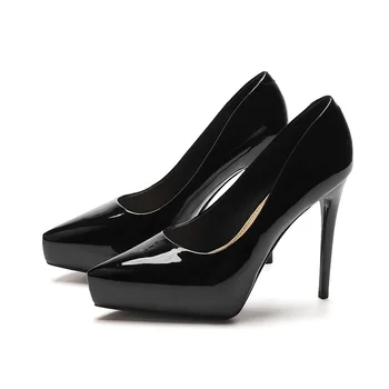 Дамски обувки; Луксозни маркови обувки-лодка от лачена кожа с остри пръсти на платформа и тънък ток 12 см ЗА възрастни; Модни Дамски обувки за работа в офис; цвят черен