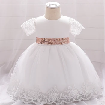 Детско Бяла рокля за момиче на 1-ви рожден ден, расшитое пайети, лък, флорални дантели Сватбена рокля на принцеса за момичета, рокли за партита, рокля за кръщението на булката рокля за бала