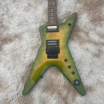 Електрическа китара с вградена голяма вилица с неправилна форма, градиентный зелен корпус с изображение на тигър, хастар от палисандрово дърво, шнур за тремоло