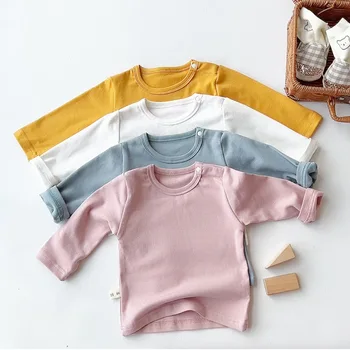 Есенни памучни тениски с дълги ръкави за новородени момчета и момичета, Однотонная Ежедневни долна риза, Пуловер с букви за бебета 0-24 м
