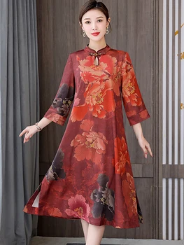 Жена Червена Коприна на роклята Миди с дълъг ръкав в цветенце Есен-зима Луксозно Елегантна Вечерна рокля 2023 Корейски Ретро Халат със свободна талия