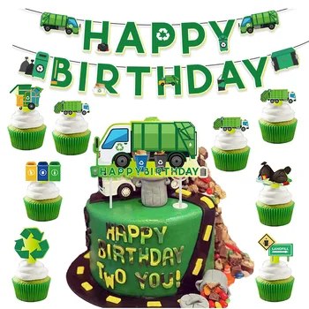 Зелени боклукчийски камион, Кофи за боклук, в цилиндър за десерти, кексчета, честит Рожден Ден, Момче, момиче, Камион за рециклиране на отпадъци, украса за рециклиране