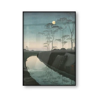 Канал при лунна светлина Coho Шода Ретро Японски Художествен Плакат Азиатски Стенно Изкуство, Печат върху платно Тъмната Живопис Кънтри Начало Декор Подарък