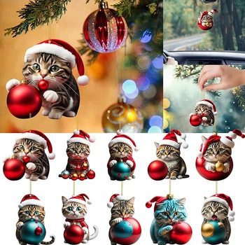 Коледни Висящи украшения на Сладко Котенце за Окачване Коледна елха Домашна котка, играеща в топката, Акрилни вечерни занаяти за чанти-кола