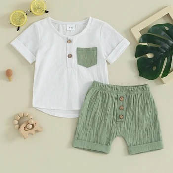 Летни дрехи за малки момчета, ленени шорти, однотонная тениска с къс ръкав и копчета, комплект ежедневни облекла