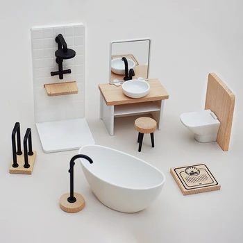 Миниатюрна кръгла мивка за куклена къща 1:12, мивка и шкаф за баня, Дребни вана и душ кабина, стоп-моушън мебели за вашия интериор куклена къща