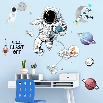 Мультяшная куче-космонавт, исследующая Космос, Стикери за стена за детска спални, декорация на дома, направи си сам, Стенни рисувани със звездите, стикери от PVC, плакат