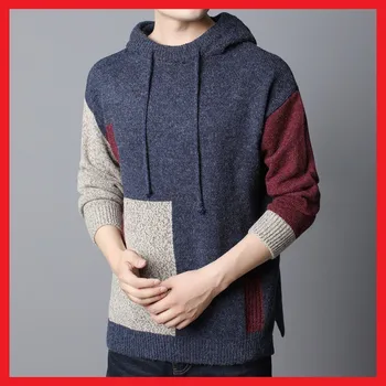 Мъжките пуловери M-5xl, зимни мъжки пуловери, дрехи с качулка и дълъг ръкав в стил мозайка, плътна топлото мъжки връхни дрехи H50