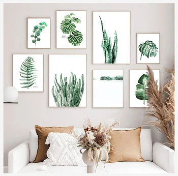 Плакати и щампи на скандинавскую тема в ботаническата стил в зеления стил, модерна домашна стенни живопис във формата на листа Монстеры, адаптивни