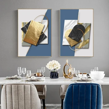 Плакати с абстрактна геометрия Златисто-синята Стенни модел Easy Луксозна картина на платно за хола Модерна декорация на дома, Без рамка