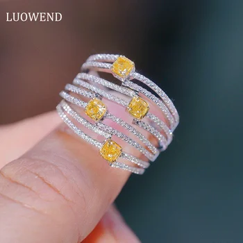 Пръстени LUOWEND от бяло злато 18 Карата, Годежен пръстен с истински натурален жълт диамант за жени, Сватбена мода, Двуслойни квадратен дизайн
