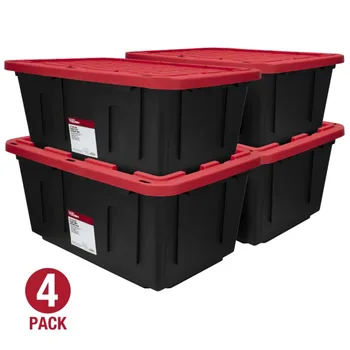 Сверхпрочный Пластмасов контейнер за съхранение с Защелкивающейся капак с капацитет 27 литра, черно с Червен Капак, Комплект от 4