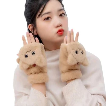 Сладки зимни топли ръкавици с плюшено котка от заек кожа, дамски вело ръкавици без пръсти