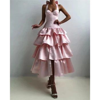 Сладко розово-секси вечерна рокля с атласным на много нива лък спагети презрамки-спагети и бална рокля 