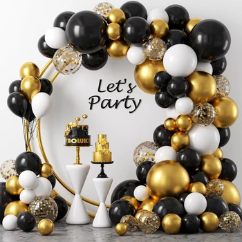 Черно-златен комплект за изграждане на арки от балони, метални и златни цветни хартиени отпадъци, подходящи за украса на бала, рожден ден, сватба